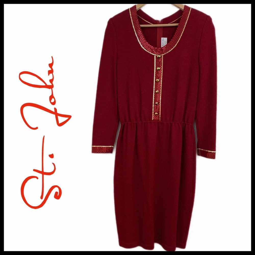 St. John Knit Embellished Red Sweater Dress